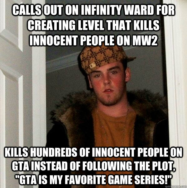 Calls out on Infinity Ward for creating level that kills innocent people on MW2 Kills hundreds of innocent people on GTA instead of following the plot, 