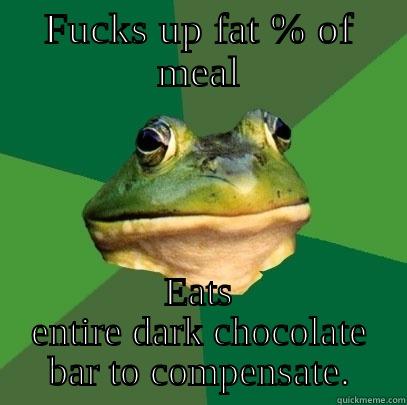 FUCKS UP FAT % OF MEAL EATS ENTIRE DARK CHOCOLATE BAR TO COMPENSATE. Foul Bachelor Frog