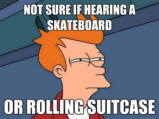 Not sure if hearing a skateboard Or rolling suitcase  Futurama Fry