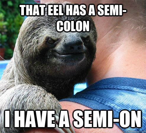 That eel has a semi-colon I have a semi-on  Suspiciously Evil Sloth