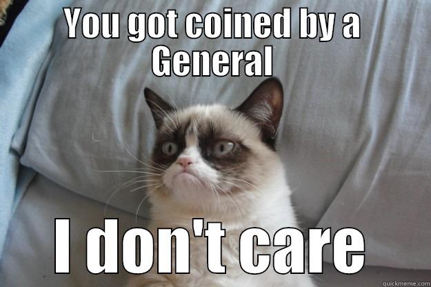 YOU GOT COINED BY A GENERAL I DON'T CARE Grumpy Cat