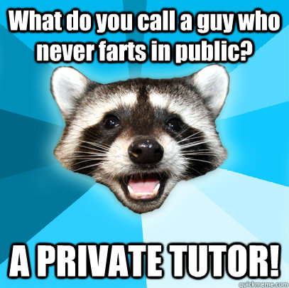 What do you call a guy who never farts in public? A PRIVATE TUTOR! - What do you call a guy who never farts in public? A PRIVATE TUTOR!  Lame Pun Coon