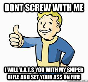 Dont screw with me I will V.a.t.s you with my sniper rifle and set your ass on fire  Vault Boy