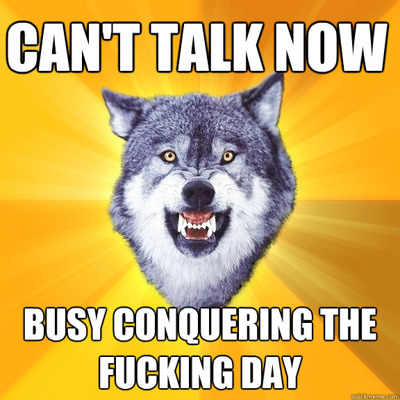 Can't talk now Busy conquering the fucking day  Courage Wolf