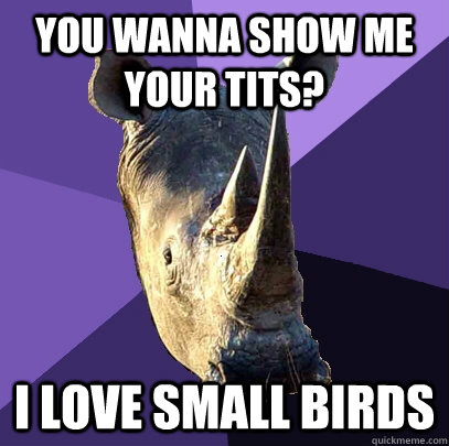 you wanna show me your tits? i love small birds  Sexually Oblivious Rhino