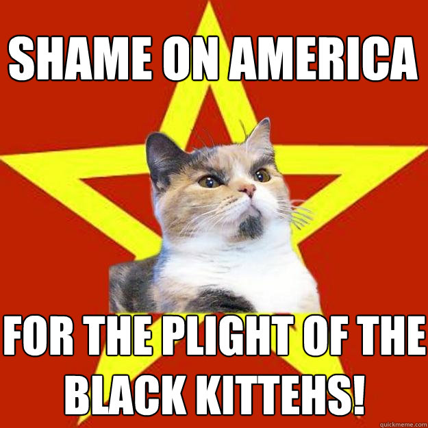 Shame on America for the plight of the black kittehs!  Lenin Cat