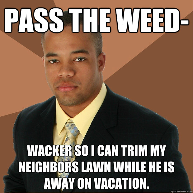 Pass the weed- wacker so i can trim my neighbors lawn while he is away on vacation. - Pass the weed- wacker so i can trim my neighbors lawn while he is away on vacation.  Successful Black Man