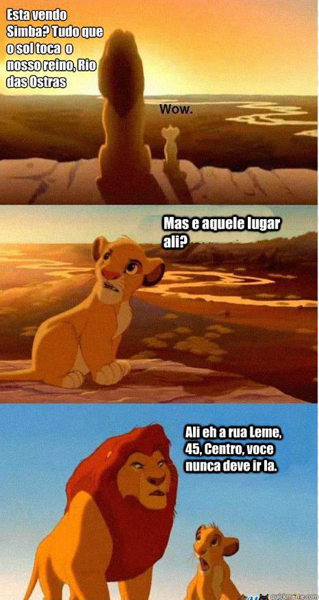 Esta vendo Simba? Tudo que o sol toca é o nosso reino, Rio das Ostras Mas e aquele lugar ali? Ali eh a rua Leme, 45, Centro, voce nunca deve ir la.  Mufasa and Simba