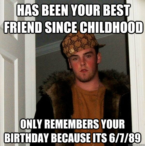 Has been your best friend since childhood Only remembers your birthday because its 6/7/89  Scumbag Steve