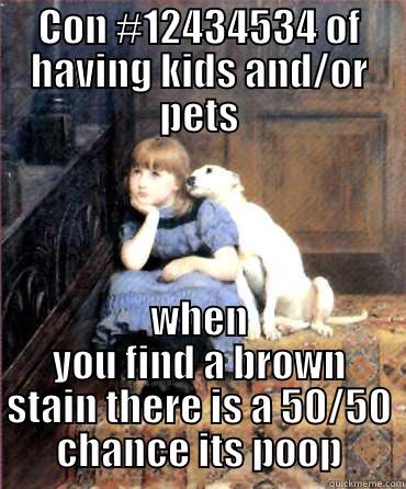 Pros and Cons of kids and pets - CON #12434534 OF HAVING KIDS AND/OR PETS WHEN YOU FIND A BROWN STAIN THERE IS A 50/50 CHANCE ITS POOP Misc