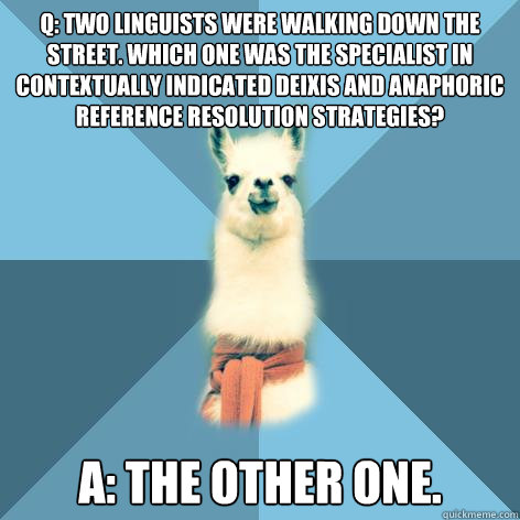 Q: Two linguists were walking down the street. Which one was the specialist in contextually indicated deixis and anaphoric reference resolution strategies? A: The other one.  Linguist Llama