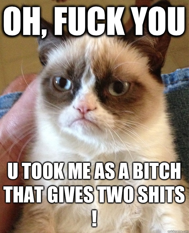 oh, fuck you U took me as a bitch  that gives two shits !   Grumpy Cat