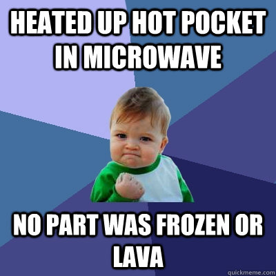 Heated up hot pocket in microwave No part was frozen or lava - Heated up hot pocket in microwave No part was frozen or lava  Success Kid