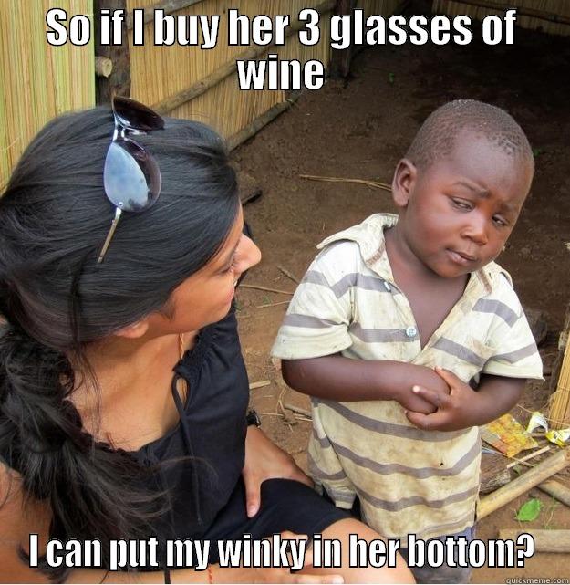 SO IF I BUY HER 3 GLASSES OF WINE I CAN PUT MY WINKY IN HER BOTTOM? Skeptical Third World Kid