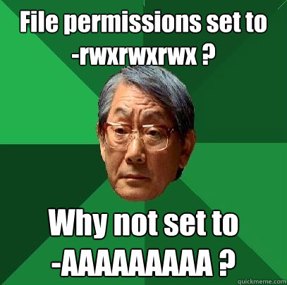 File permissions set to 
-rwxrwxrwx ? Why not set to 
-AAAAAAAAA ?  High Expectations Asian Father