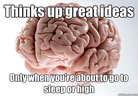 Thinks up great ideas Only when you're about to go to sleep or high  Scumbag Brain