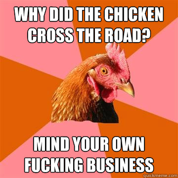 why did the chicken cross the road? mind your own fucking business  Anti-Joke Chicken