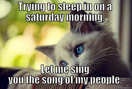 TRYING TO SLEEP IN ON A SATURDAY MORNING, LET ME SING YOU THE SONG OF MY PEOPLE. First World Problems Cat