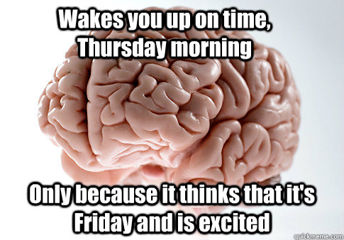 Wakes you up on time, Thursday morning Only because it thinks that it's Friday and is excited  Scumbag Brain