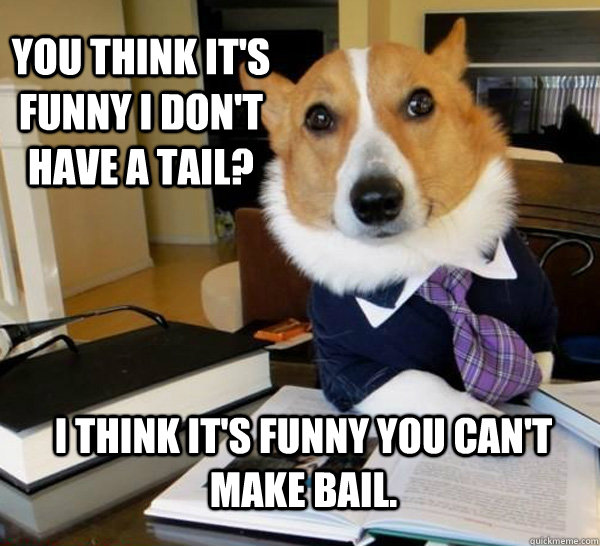 You think it's funny I don't have a tail? I think it's funny you can't make bail.  Lawyer Dog