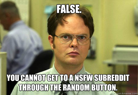 False. You cannot get to a nsfw subreddit through the random button.  Dwight