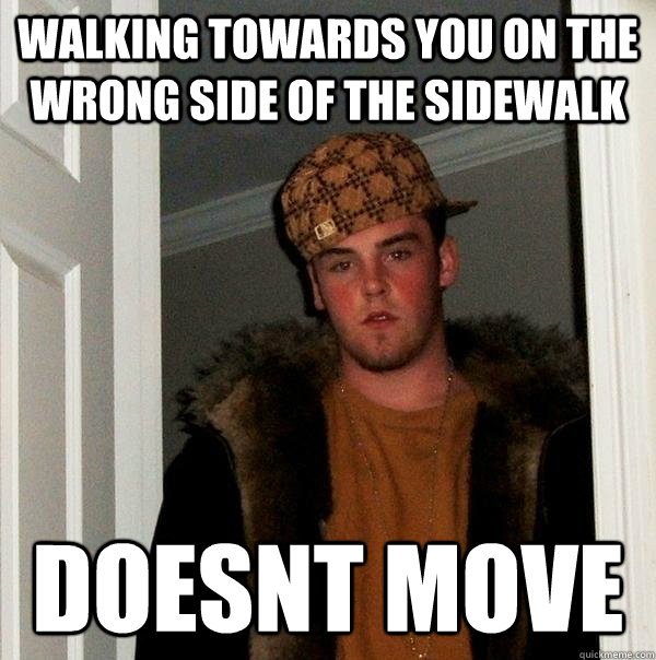 walking towards you on the wrong side of the sidewalk doesnt move  Scumbag Steve