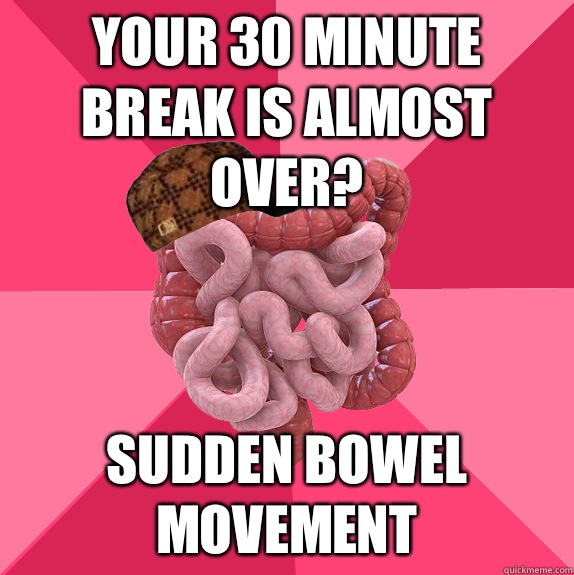 Your 30 minute  break is almost over? Sudden bowel movement  Scumbag Intestines