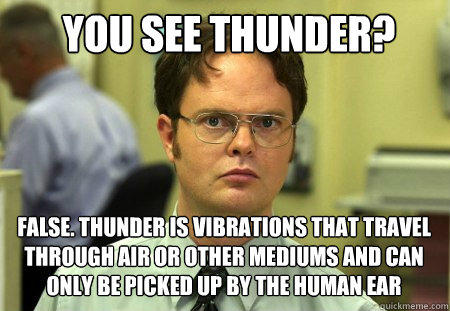 you see thunder? false. thunder is vibrations that travel through air or other mediums and can only be picked up by the human ear - you see thunder? false. thunder is vibrations that travel through air or other mediums and can only be picked up by the human ear  Schrute