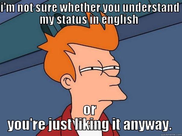 I'M NOT SURE WHETHER YOU UNDERSTAND MY STATUS IN ENGLISH  OR YOU'RE JUST LIKING IT ANYWAY. Futurama Fry