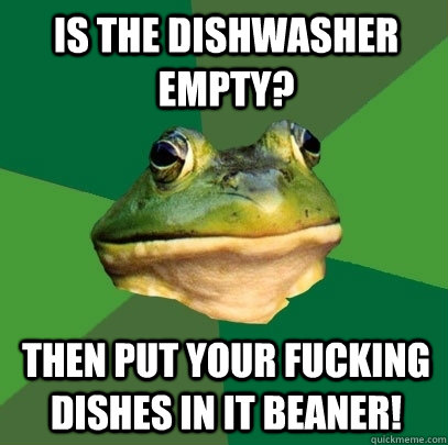 is the dishwasher empty? then put your fucking dishes in it beaner! - is the dishwasher empty? then put your fucking dishes in it beaner!  Foul Bachelor Frog