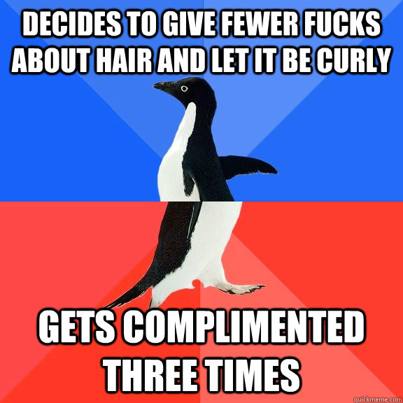 decides to give fewer fucks about hair and let it be curly gets complimented three times  Socially Awkward Awesome Penguin