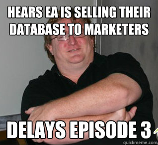 Hears EA is selling their database to marketers DELAYS EPISODE 3  Good Guy Gabe