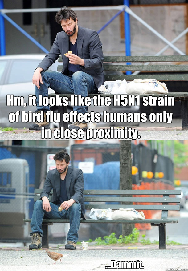 Hm, it looks like the H5N1 strain of bird flu effects humans only in close proximity. ...Dammit.  Sad Keanu