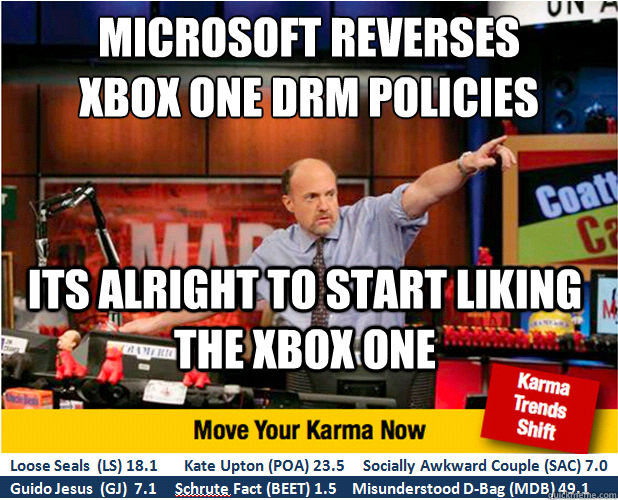 Microsoft Reverses 
Xbox One DRM Policies its alright to start liking the xbox one  Jim Kramer with updated ticker