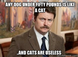 Any Dog Under Fifty Pounds is Like a Cat

 ..And Cats are Useless - Any Dog Under Fifty Pounds is Like a Cat

 ..And Cats are Useless  Ron Swanson