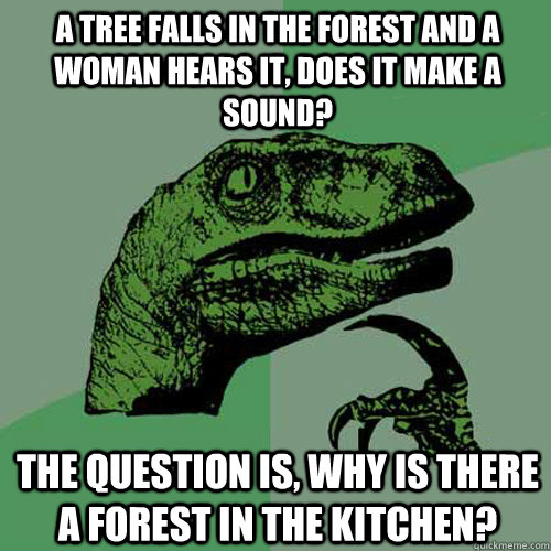 A tree falls in the forest and a woman hears it, does it make a sound? The question is, why is there a forest in the kitchen?  Philosoraptor