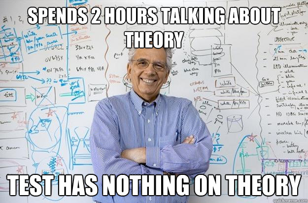 Spends 2 hours talking about theory test has nothing on theory - Spends 2 hours talking about theory test has nothing on theory  Engineering Professor