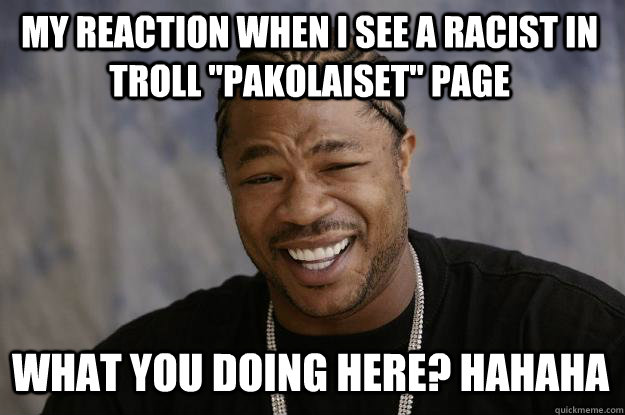 My Reaction when i see a racist in troll ''pakolaiset'' page What you doing here? hahaha  Xzibit meme