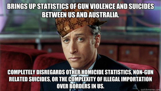 Brings up statistics of gun violence and suicides between US and Australia. Completely disregards other homicide statistics, non-gun related suicides, or the complexity of illegal importation over borders in US.  