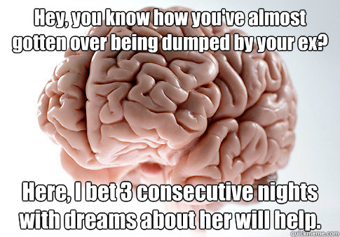 Hey, you know how you've almost gotten over being dumped by your ex? Here, I bet 3 consecutive nights with dreams about her will help.  Caption 4 goes here  Scumbag Brain