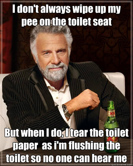 I don't always wipe up my pee on the toilet seat But when I do, I tear the toilet paper  as i'm flushing the toilet so no one can hear me  Dos Equis man