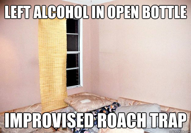 Left alcohol in open bottle Improvised roach trap  