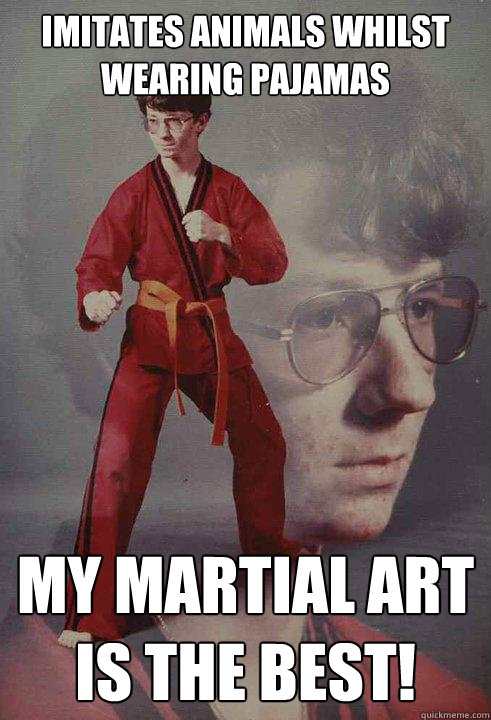 imitates animals whilst wearing pajamas my martial art is the best!  Karate Kyle