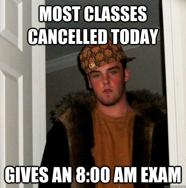 Most classes cancelled today Gives an 8:00 AM Exam  Scumbag Steve