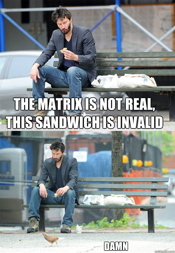 The matrix is not real, this sandwich is invalid damn  Sad Keanu