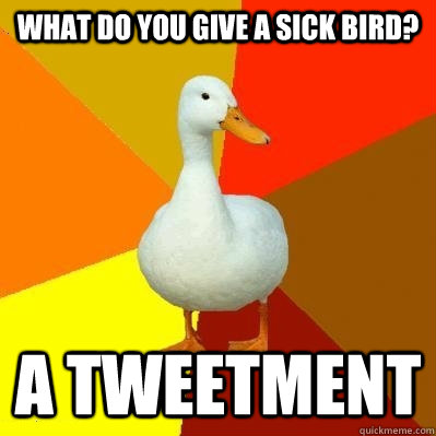 What do you give a sick bird? A tweetment - What do you give a sick bird? A tweetment  Tech Impaired Duck