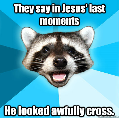 They say in Jesus' last moments He looked awfully cross.  Lame Pun Coon