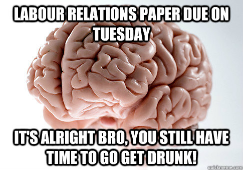 Labour Relations Paper due on tuesday It's alright bro, you still have time to go get drunk!  Scumbag Brain