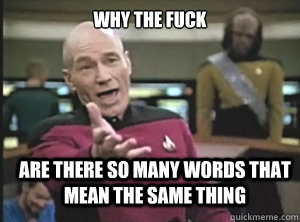 why the fuck are there so many words that mean the same thing  Annoyed Picard