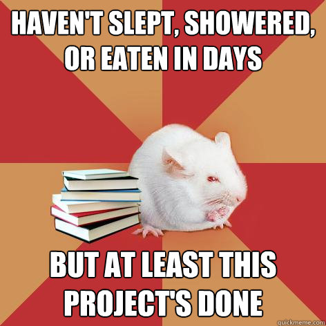 haven't slept, showered, or eaten in days but at least this project's done - haven't slept, showered, or eaten in days but at least this project's done  Science Major Mouse